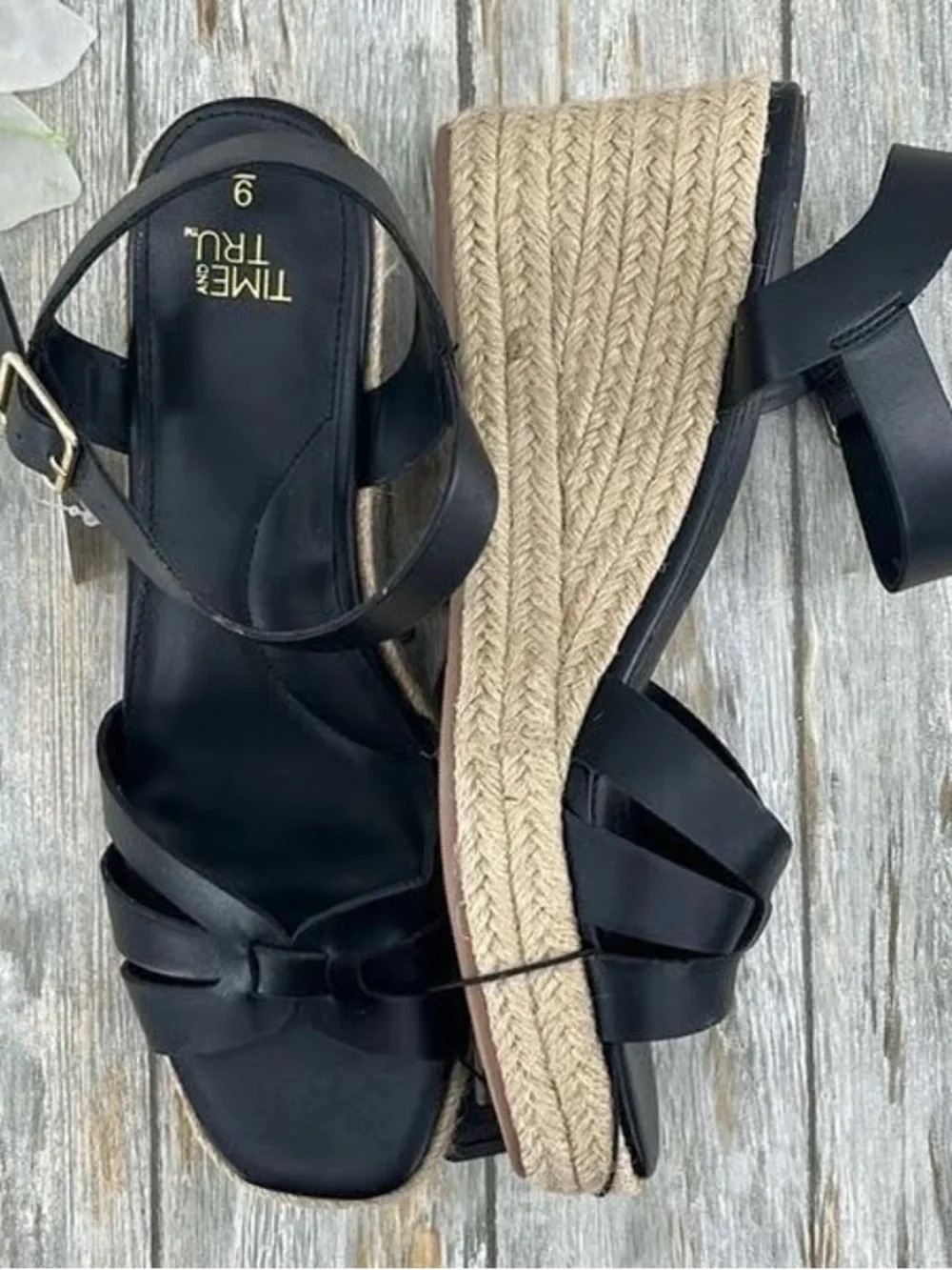 Time and Tru Black Espadrille Wedge Sandals